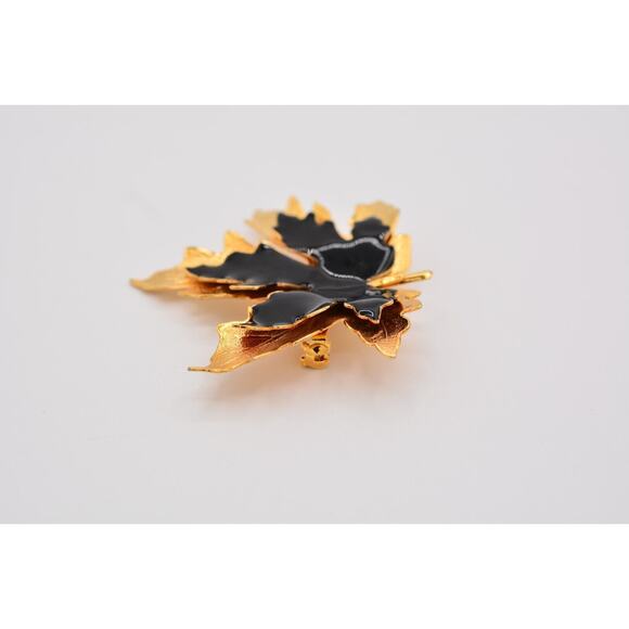 Vintage Maple Leaf Pin Brooch Black Enamel Shiny Gold Tone Autumn 1990s BinAH - Picture 10 of 12